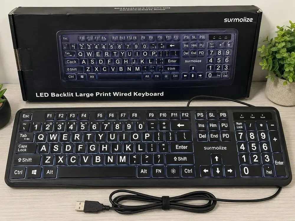 Large Print USB Wired Keyboard LED Backlight Black for Computer PC Laptop